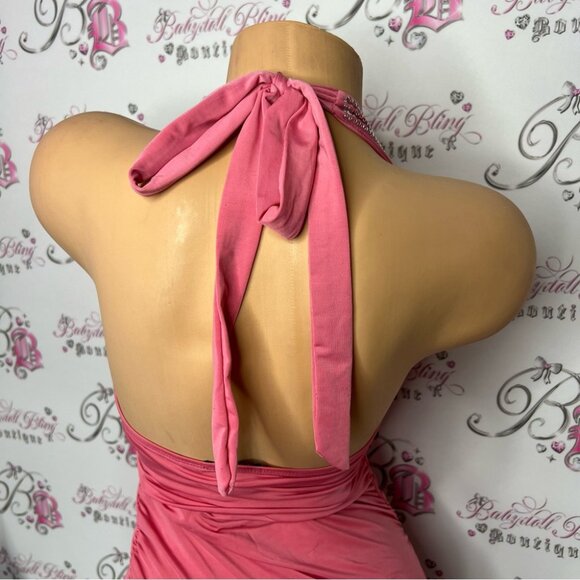 Bling dress sexy rutched sides bubblegum pink stretchy padded cups halter y2k - Picture 12 of 16